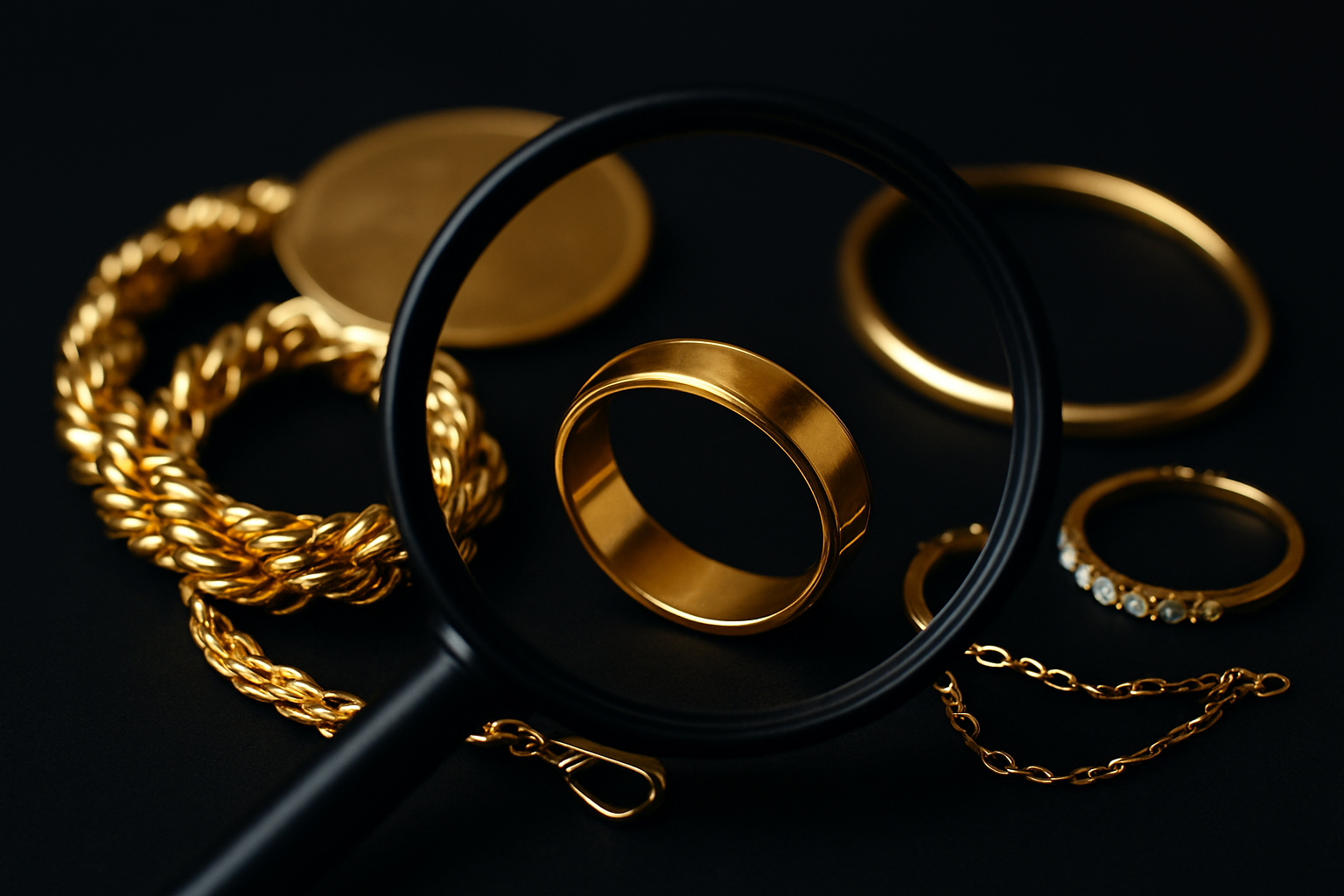 Bijoux en or sous une loupe noire.