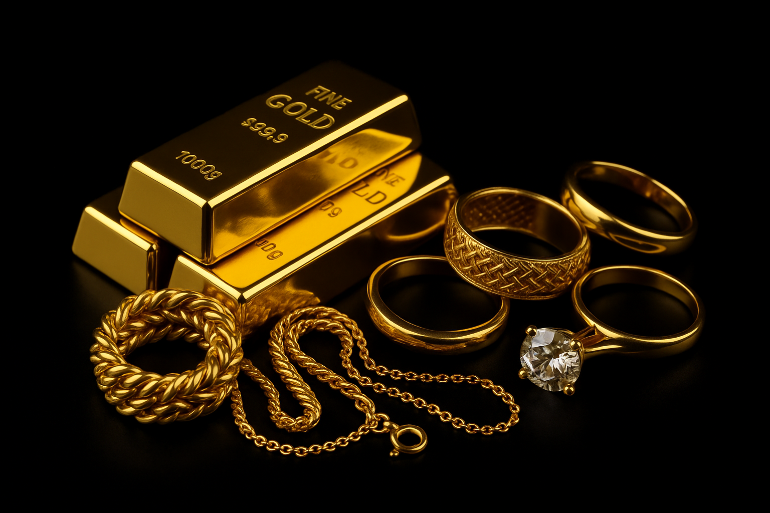 Lingots et bijoux en or sur fond noir.